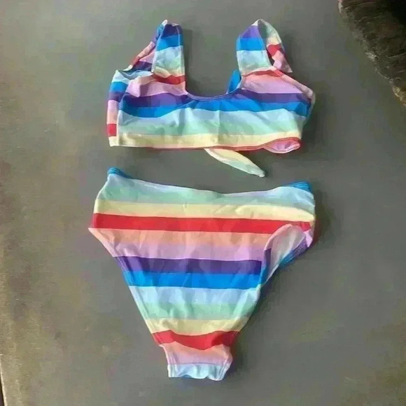 Multicolor Rainbow Striped Front Knot Two Piece High Waist Bikini Set Size S - Picture 5 of 13
